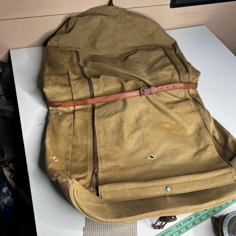 Vintage Military Canvas Garment Bag Khaki Travel Suitcase Leather Distressed